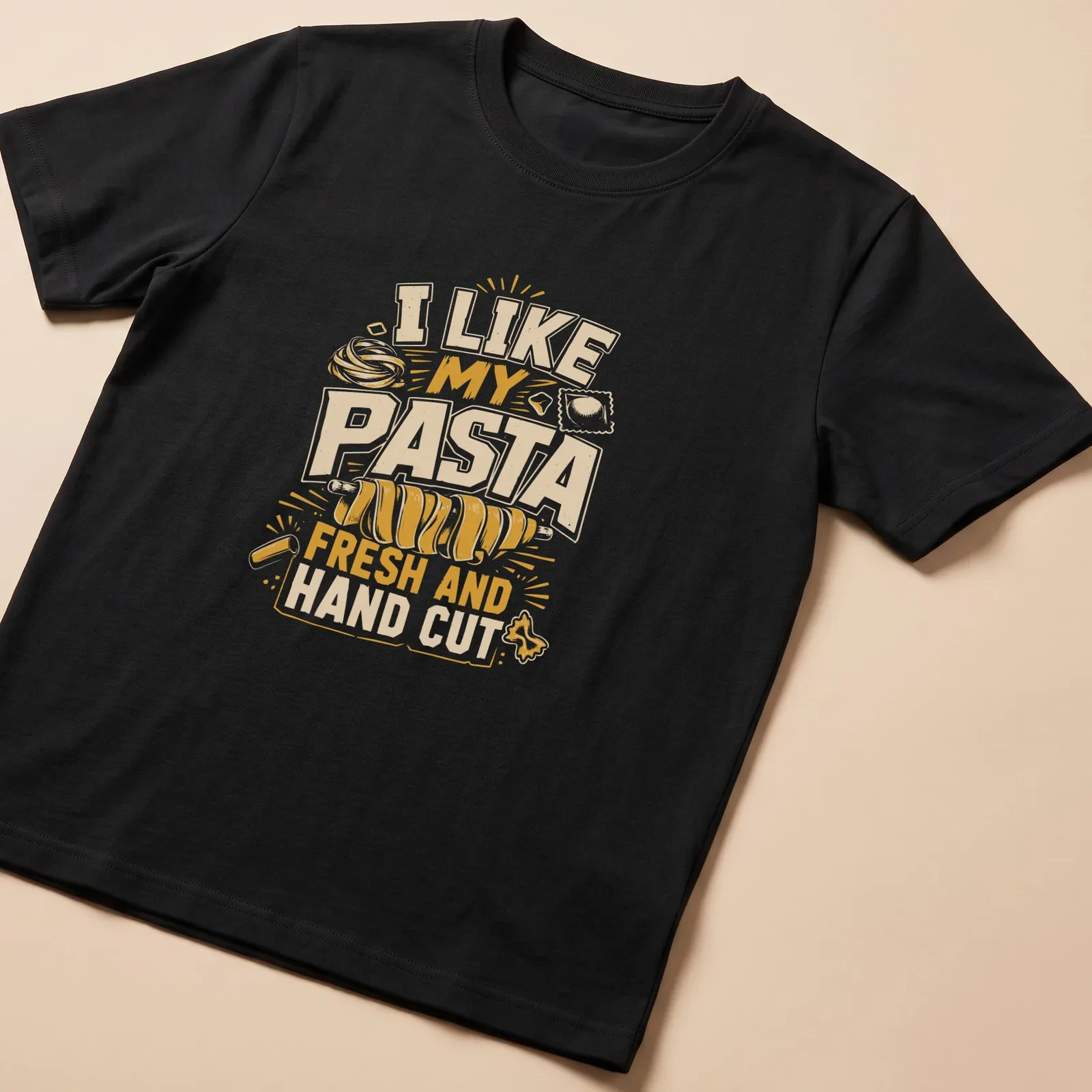 Bold typography shirt featuring a playful pasta graphic and fun text about fresh pasta — printed on a unisex t-shirt
