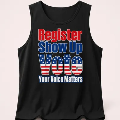 Patriotic shirt featuring bold text urging voter participation in red, white, and blue. — printed on a tank top