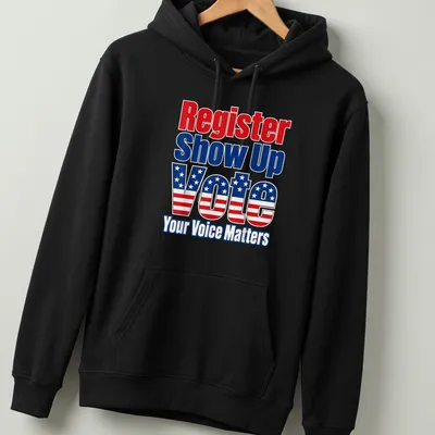 Patriotic shirt featuring bold text urging voter participation in red, white, and blue. — printed on a unisex hoodie