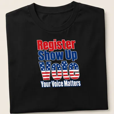 Patriotic shirt featuring bold text urging voter participation in red, white, and blue. — printed on a unisex t-shirt