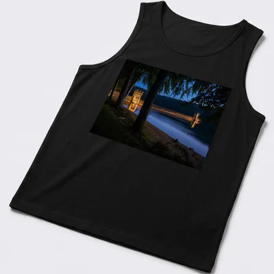 Photographic T-shirt featuring Derwent Dam illuminated at twilight in blue and gold — printed on a tank top
