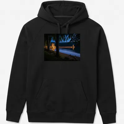 Photographic T-shirt featuring Derwent Dam illuminated at twilight in blue and gold — printed on a unisex hoodie