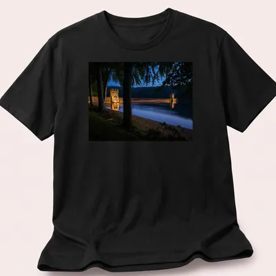 Photographic T-shirt featuring Derwent Dam illuminated at twilight in blue and gold