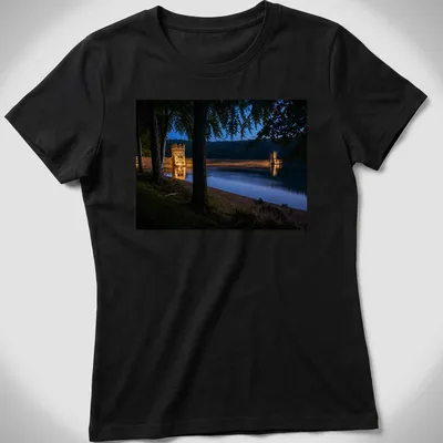 Photographic T-shirt featuring Derwent Dam illuminated at twilight in blue and gold — printed on a women's shirt