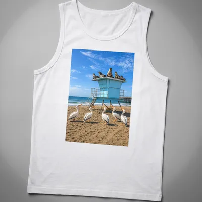 Photographic design of pelicans with humorous text about roofs. — printed on a tank top