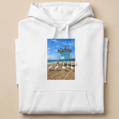 Photographic design of pelicans with humorous text about roofs. — printed on a unisex hoodie