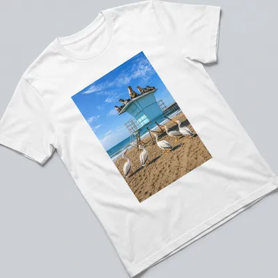Photographic design of pelicans with humorous text about roofs. — printed on a unisex t-shirt