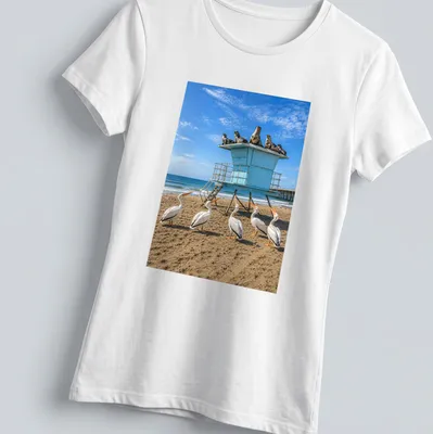 Photographic design of pelicans with humorous text about roofs. — printed on a women's shirt