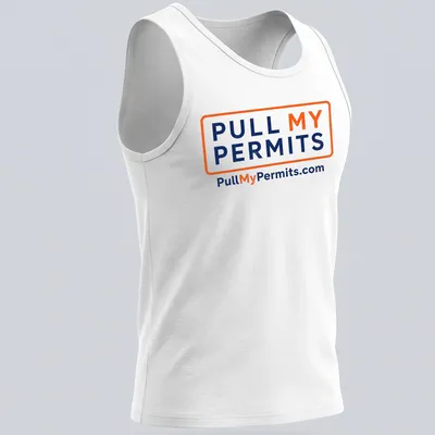 Bold typography shirt with 'Pull My Permits' text in orange and navy blue — printed on a tank top