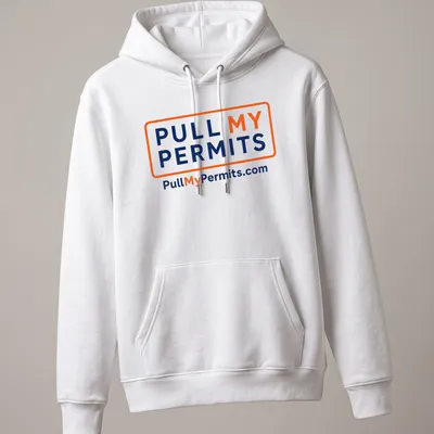 Bold typography shirt with 'Pull My Permits' text in orange and navy blue — printed on a unisex hoodie