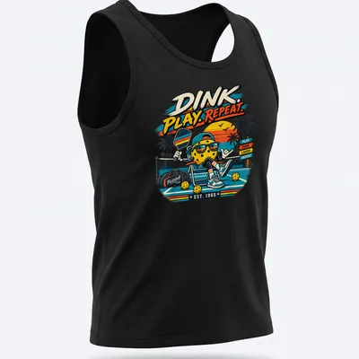 Retro vintage pickleball graphic featuring 'DINK. PLAY. REPEAT.' — printed on a tank top
