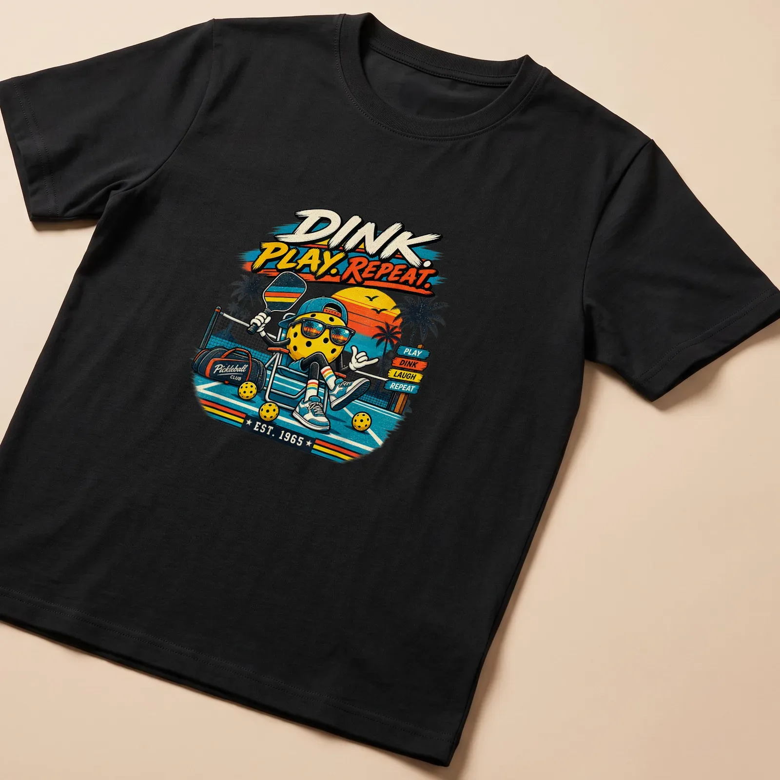 Retro vintage pickleball graphic featuring 'DINK. PLAY. REPEAT.' — printed on a unisex t-shirt