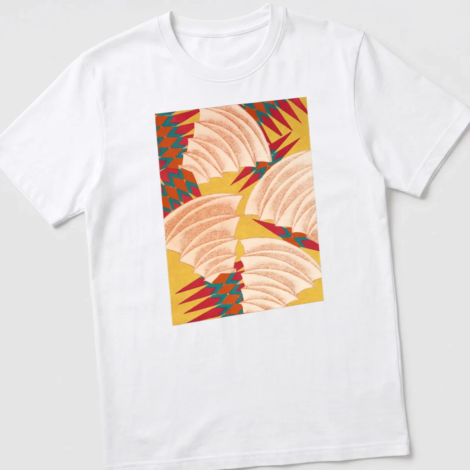 Abstract pineapple pattern t-shirt in yellow, red, teal, orange, and white — printed on a unisex t-shirt