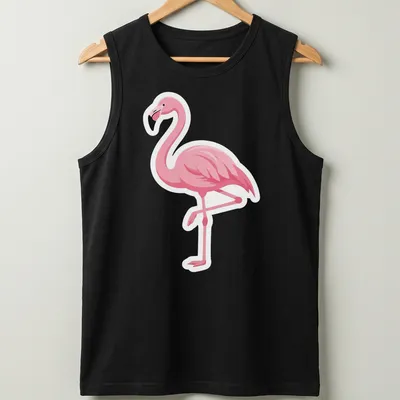 Illustration of a cute pink flamingo on a white — printed on a tank top
