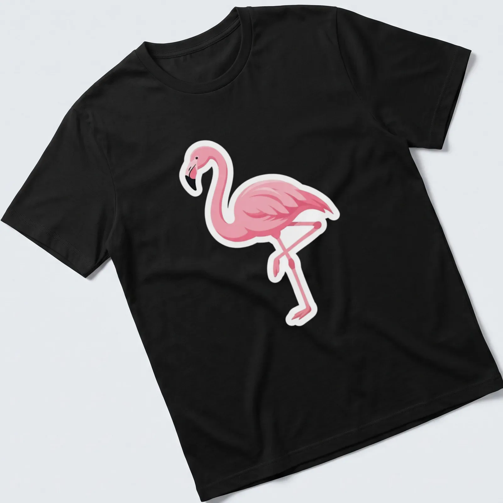 Illustration of a cute pink flamingo on a white — printed on a unisex t-shirt