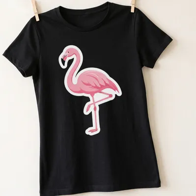Illustration of a cute pink flamingo on a white — printed on a women's shirt