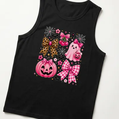 Kawaii pink ghost and pumpkin design with bows for Halloween — printed on a tank top