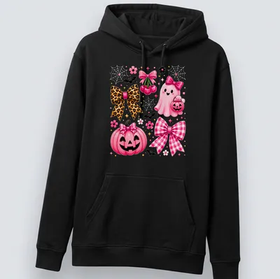 Kawaii pink ghost and pumpkin design with bows for Halloween — printed on a unisex hoodie