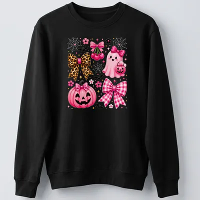 Kawaii pink ghost and pumpkin design with bows for Halloween — printed on a unisex sweatshirt
