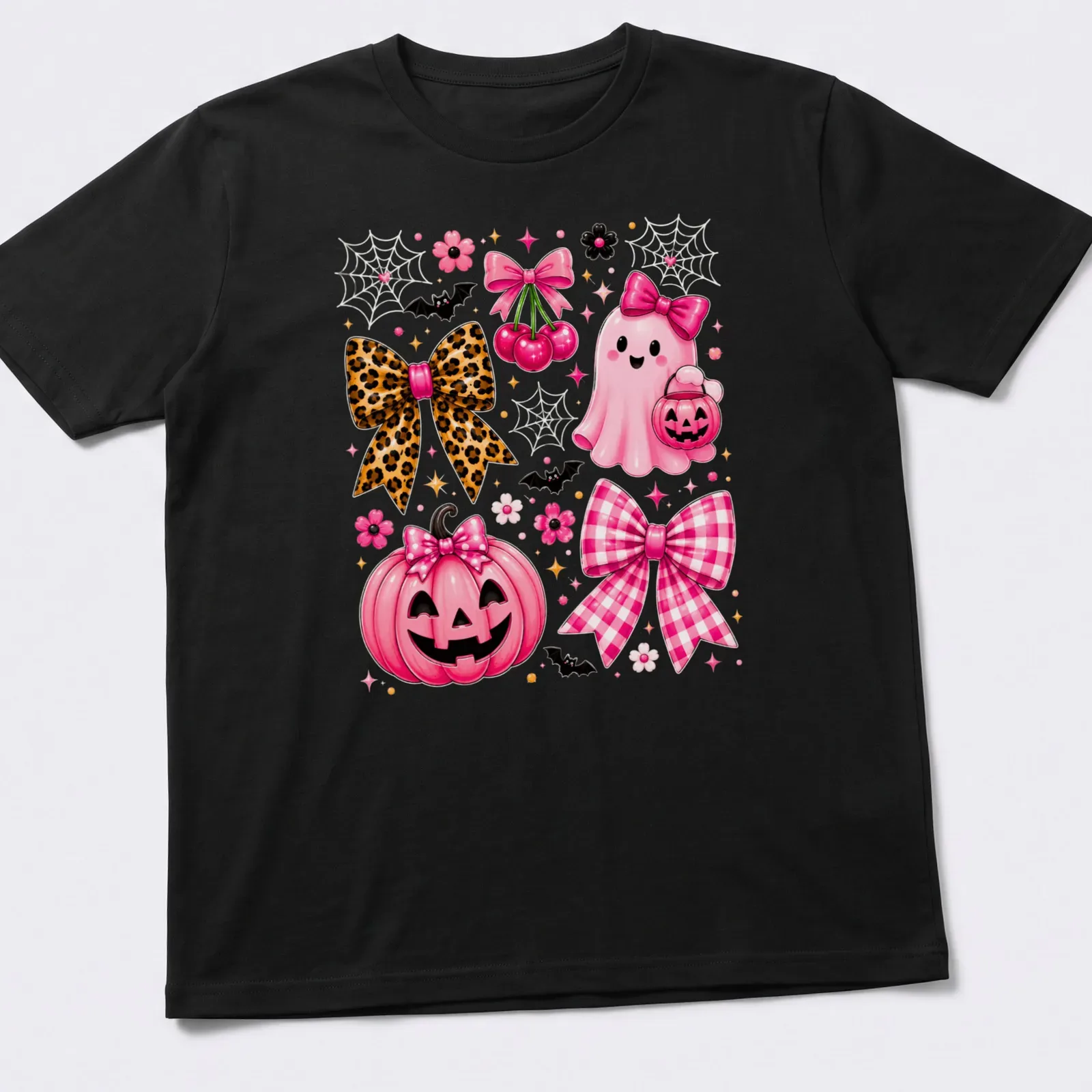 Kawaii pink ghost and pumpkin design with bows for Halloween — printed on a unisex t-shirt