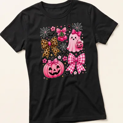 Kawaii pink ghost and pumpkin design with bows for Halloween — printed on a women's shirt