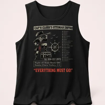 Vintage pirate captain graphic with humorous text on a — printed on a tank top