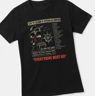 Vintage pirate captain graphic with humorous text on a — printed on a women's shirt
