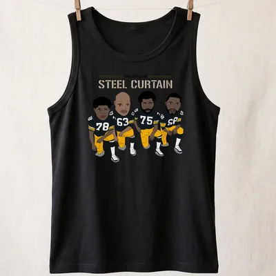 Cartoon-style Pittsburgh Steelers players with text 'The Original STEEL CURTAIN' in black, yellow, and white — printed on a tank top