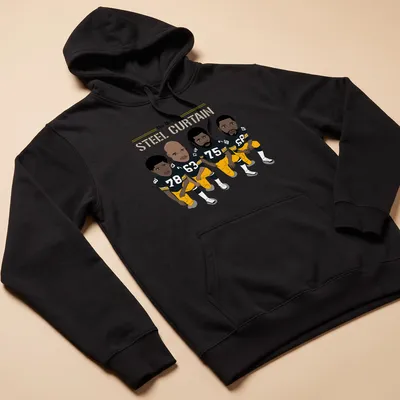 Cartoon-style Pittsburgh Steelers players with text 'The Original STEEL CURTAIN' in black, yellow, and white — printed on a unisex hoodie