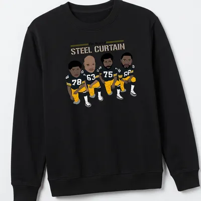 Cartoon-style Pittsburgh Steelers players with text 'The Original STEEL CURTAIN' in black, yellow, and white — printed on a unisex sweatshirt