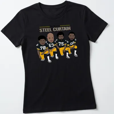 Cartoon-style Pittsburgh Steelers players with text 'The Original STEEL CURTAIN' in black, yellow, and white — printed on a women's shirt