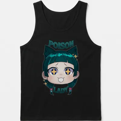 Kawaii doodle of a Poison Lady character with colorful accents — printed on a tank top