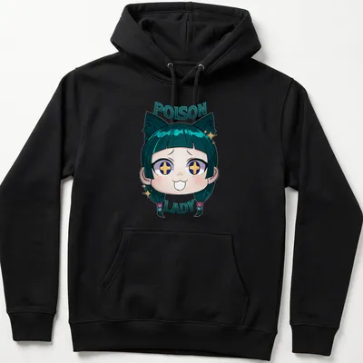 Kawaii doodle of a Poison Lady character with colorful accents — printed on a unisex hoodie
