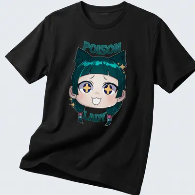 Kawaii doodle of a Poison Lady character with colorful accents — printed on a unisex t-shirt