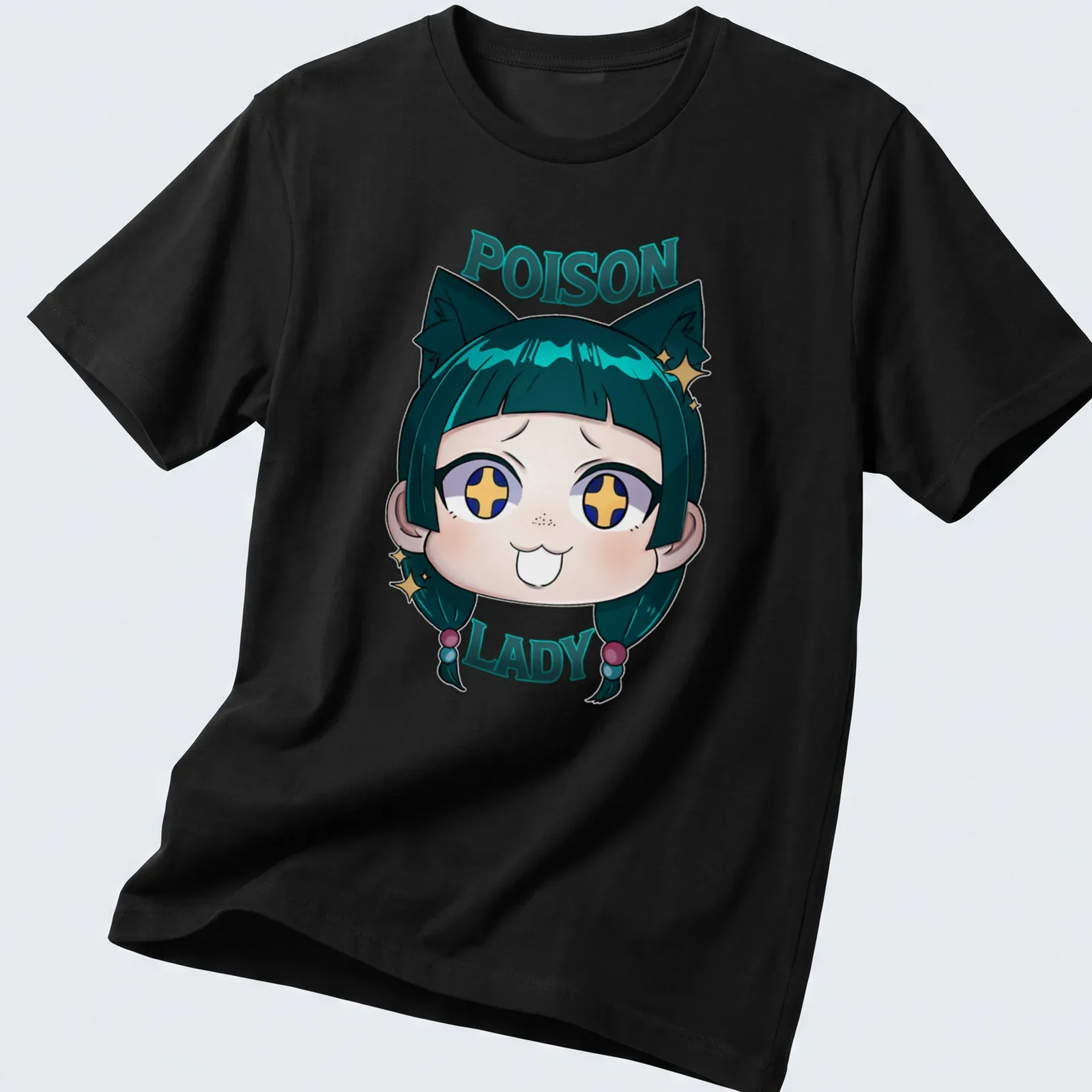 Kawaii doodle of a Poison Lady character with colorful accents — printed on a unisex t-shirt