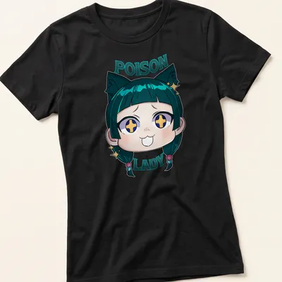 Kawaii doodle of a Poison Lady character with colorful accents — printed on a women's shirt