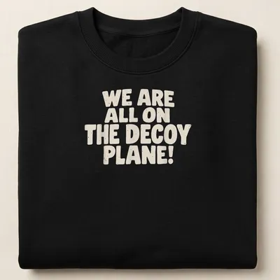 Bold typography t-shirt with the phrase 'We Are All On The Decoy Plane!' in beige and cream. — printed on a unisex sweatshirt