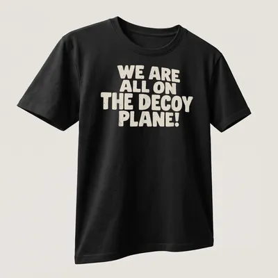 Bold typography t-shirt with the phrase 'We Are All On The Decoy Plane!' in beige and cream. — printed on a unisex t-shirt (angled view)