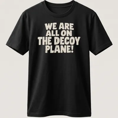 Bold typography t-shirt with the phrase 'We Are All On The Decoy Plane!' in beige and cream.