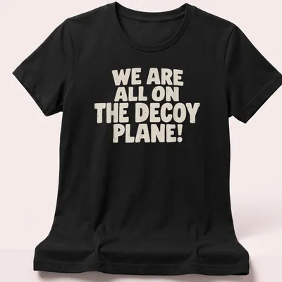 Bold typography t-shirt with the phrase 'We Are All On The Decoy Plane!' in beige and cream. — printed on a women's shirt