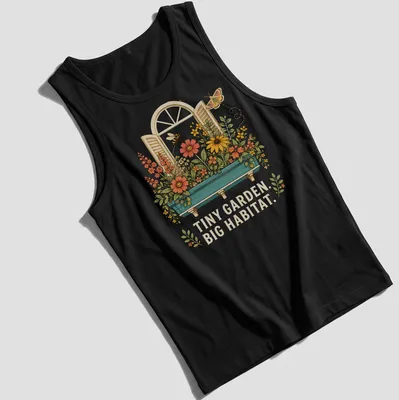 Vintage botanical print of a pollinator garden with flowers and bees. — printed on a tank top