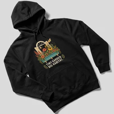 Vintage botanical print of a pollinator garden with flowers and bees. — printed on a unisex hoodie