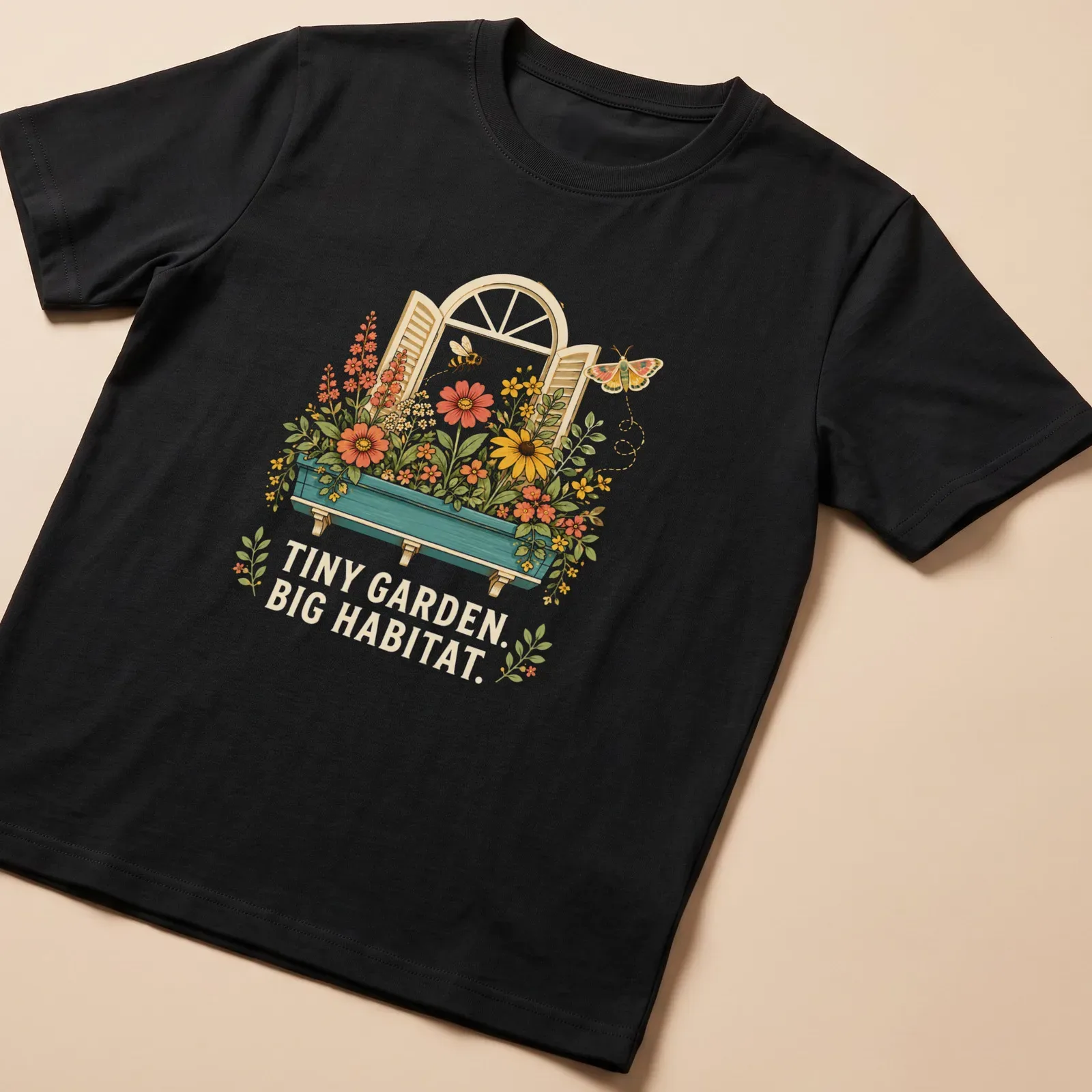 Vintage botanical print of a pollinator garden with flowers and bees. — printed on a unisex t-shirt