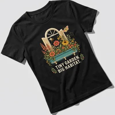 Vintage botanical print of a pollinator garden with flowers and bees. — printed on a women's shirt