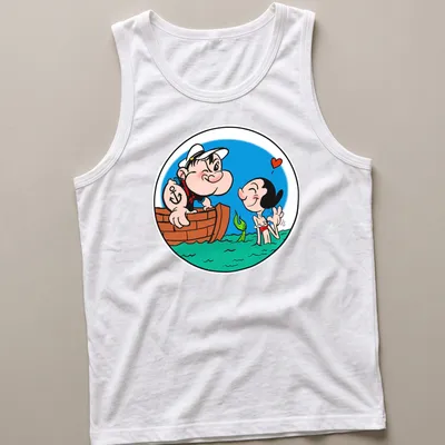 Cartoon illustration of Popeye and Olive Oyl as mermaids in vibrant colors — printed on a tank top