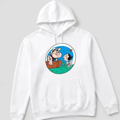 Cartoon illustration of Popeye and Olive Oyl as mermaids in vibrant colors — printed on a unisex hoodie