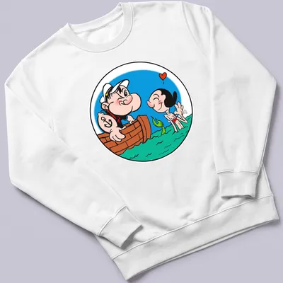 Cartoon illustration of Popeye and Olive Oyl as mermaids in vibrant colors — printed on a unisex sweatshirt