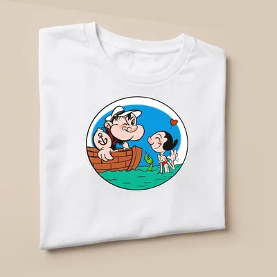Cartoon illustration of Popeye and Olive Oyl as mermaids in vibrant colors — printed on a unisex t-shirt (angled view)