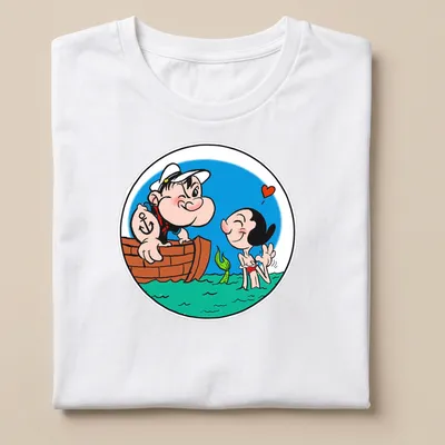Cartoon illustration of Popeye and Olive Oyl as mermaids in vibrant colors