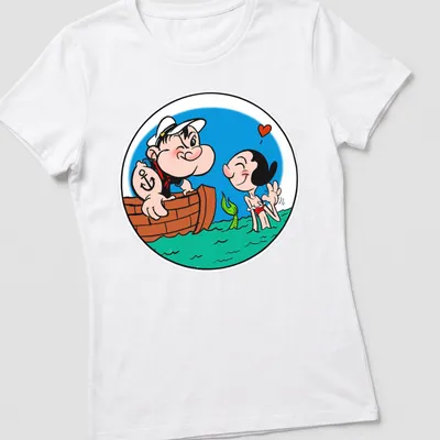 Cartoon illustration of Popeye and Olive Oyl as mermaids in vibrant colors — printed on a women's shirt